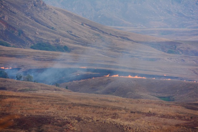 10.7  Important modifiers of the landscape, fires are common during the dry season.  The fires provide green grass for the cattle in the wet season.  These fires are the main factor in preventing the regrowth of trees in many parts of Madagascar.